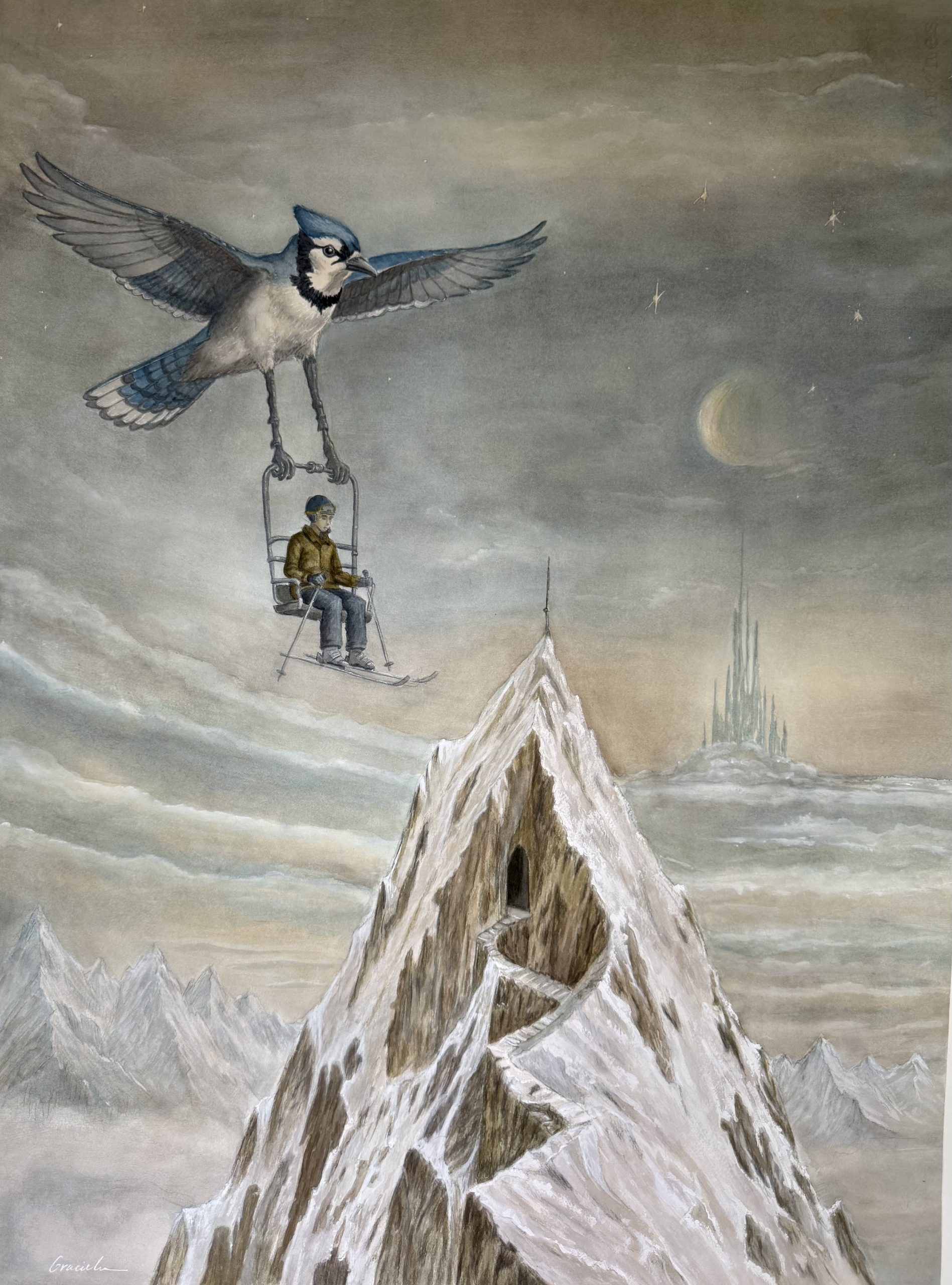 A Blue Jay bird holds a chairlift with a skier on it as it flies over a mountaintop.