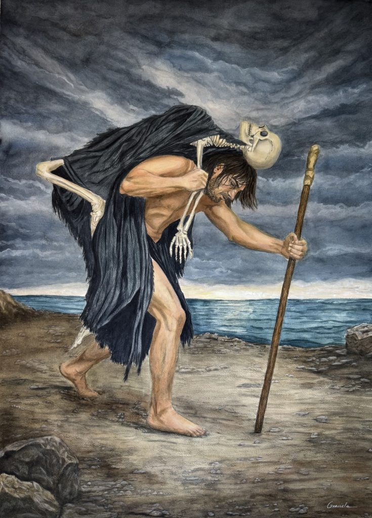 A man carries a skeleton on his back while walking with a staff beside the sea.