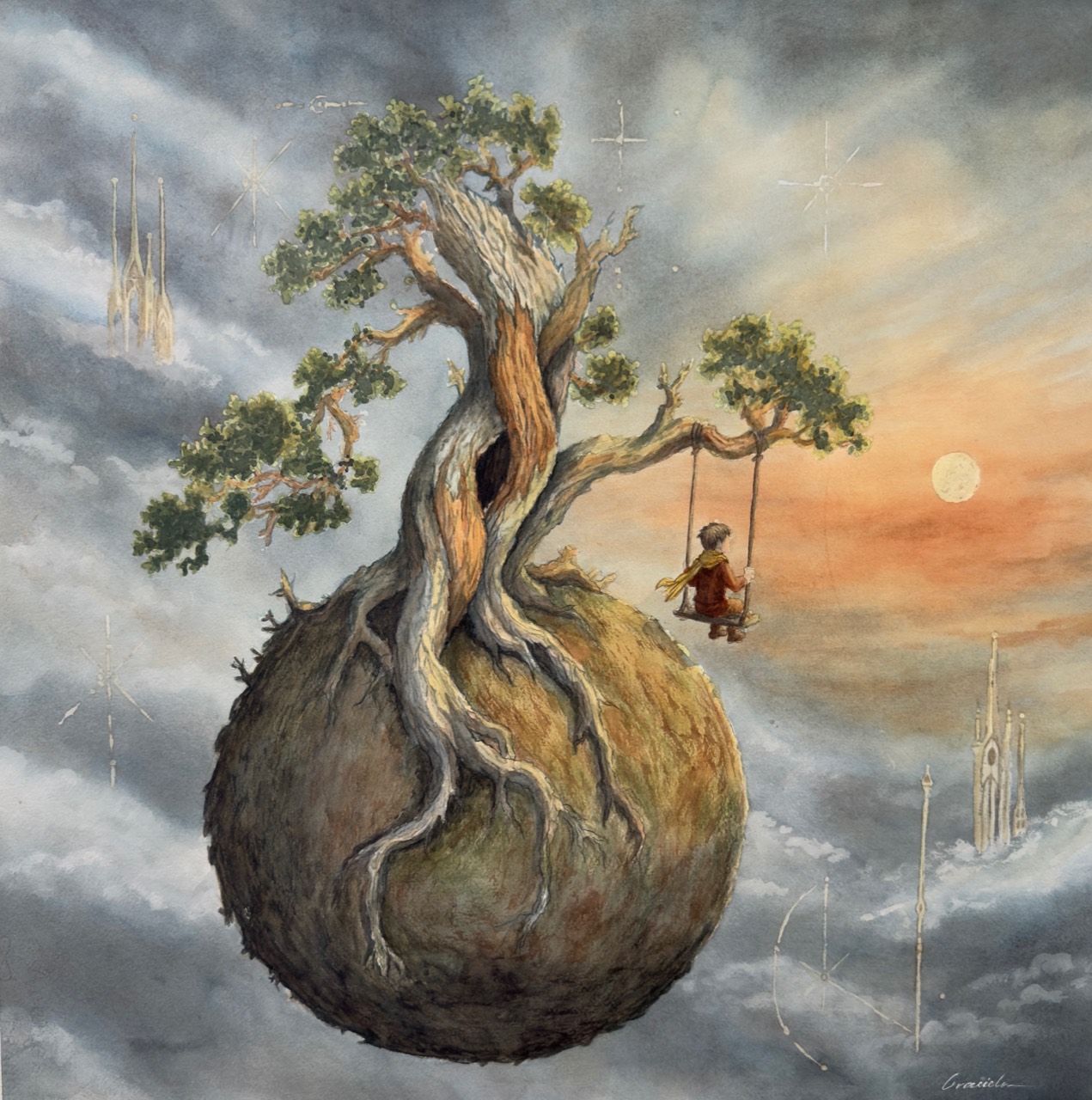 A child swings from a twisted bristlecone pine growing on a small floating planet beneath a sunset.